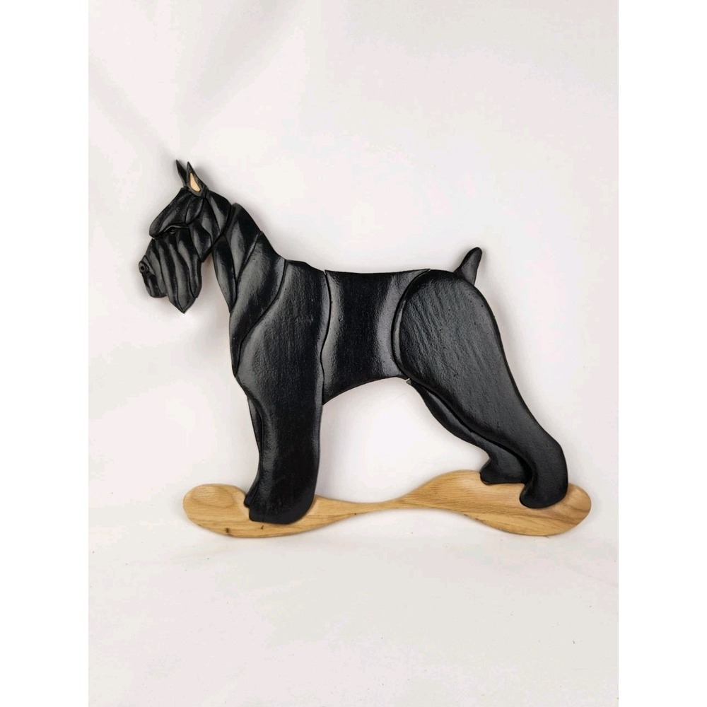 Vtg Wood Intarsia Giant Black‎ Schnauzer dog Working Handmade Wall Art Artisan